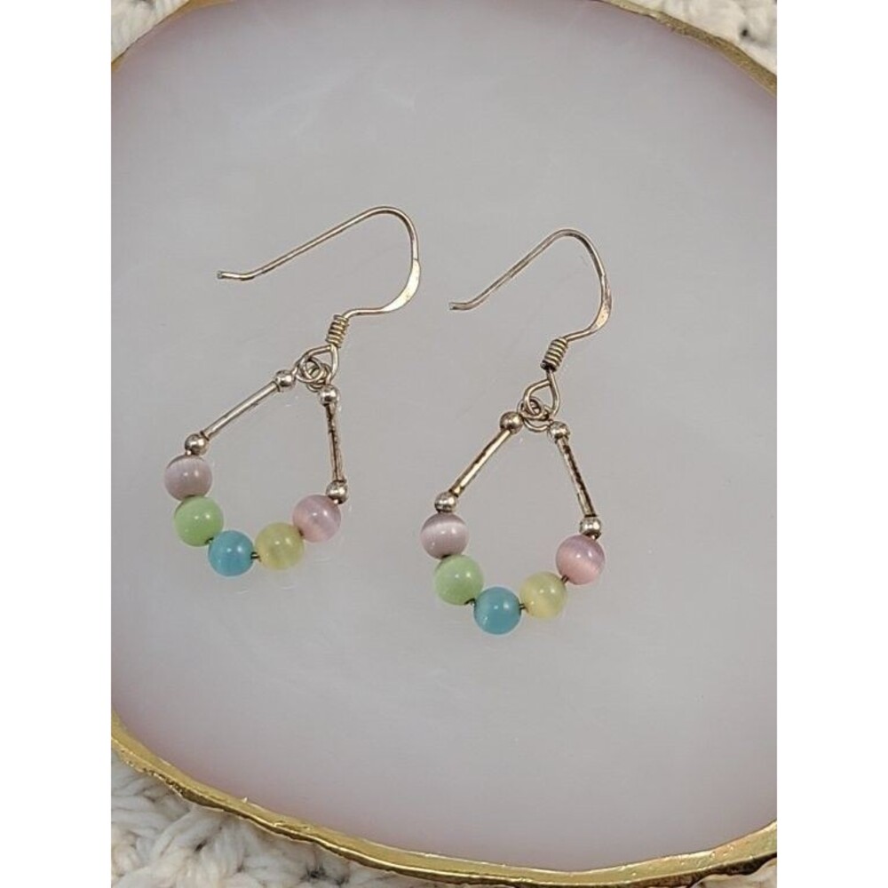 Sterling Silver 925 Pastel Multicolor Bead Teardrop Dangle Wire Drop Earrings